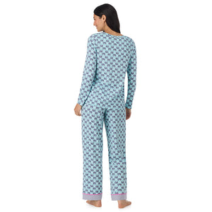 A lady wearing Cotton-Blend Long Sleeve Top and Long Pant Pajama Set in Elephant back view