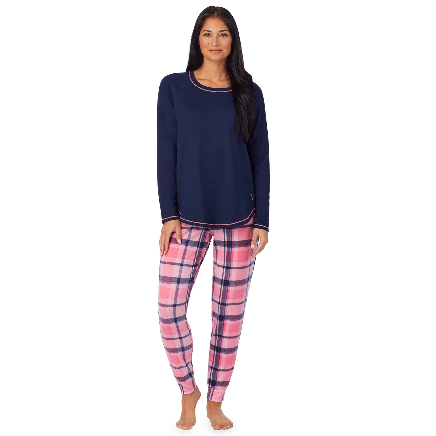 Pink Plaid;Model is wearing size S. She is 5'8.5", Bust 32", Waist 25", Hips 36". @A lady wearing Brushed Sweater Knit Long Sleeve Pajama Set with pink plaid bottom 