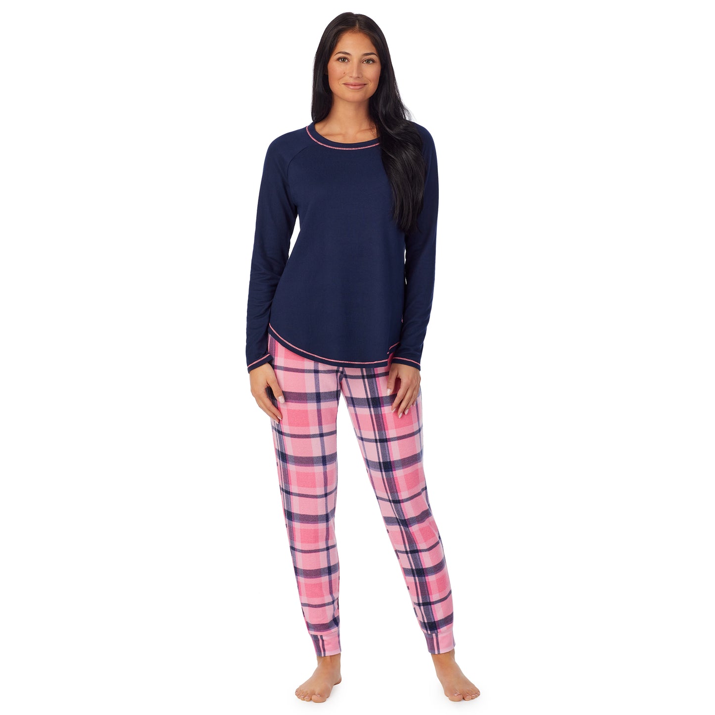 Pink Plaid;Model is wearing size S. She is 5'8.5", Bust 32", Waist 25", Hips 36". @A lady wearing Brushed Sweater Knit Long Sleeve Pajama Set with pink plaid bottom 