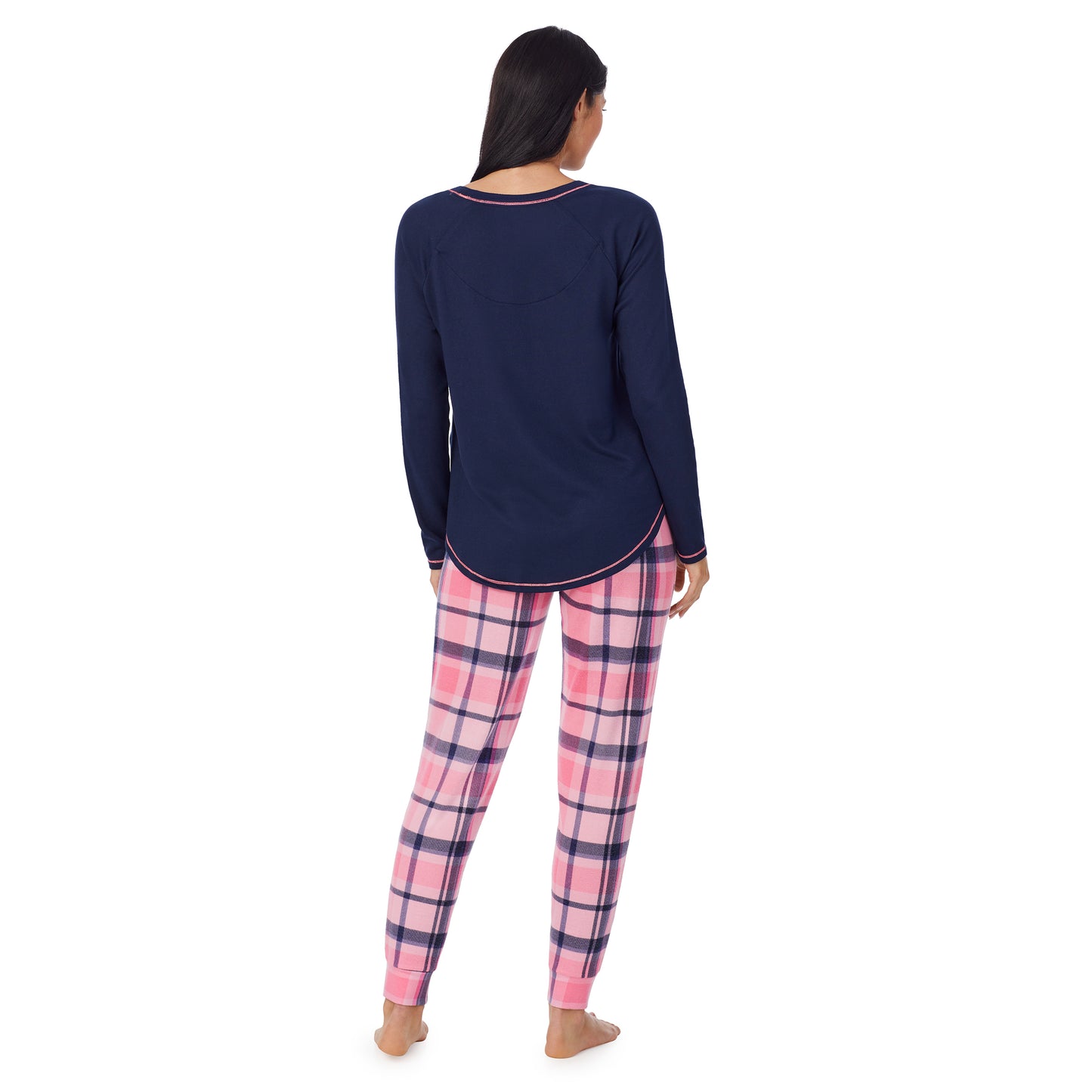 Pink Plaid;Model is wearing size S. She is 5'8.5", Bust 32", Waist 25", Hips 36". @A lady wearing Brushed Sweater Knit Long Sleeve Pajama Set with pink plaid bottom 