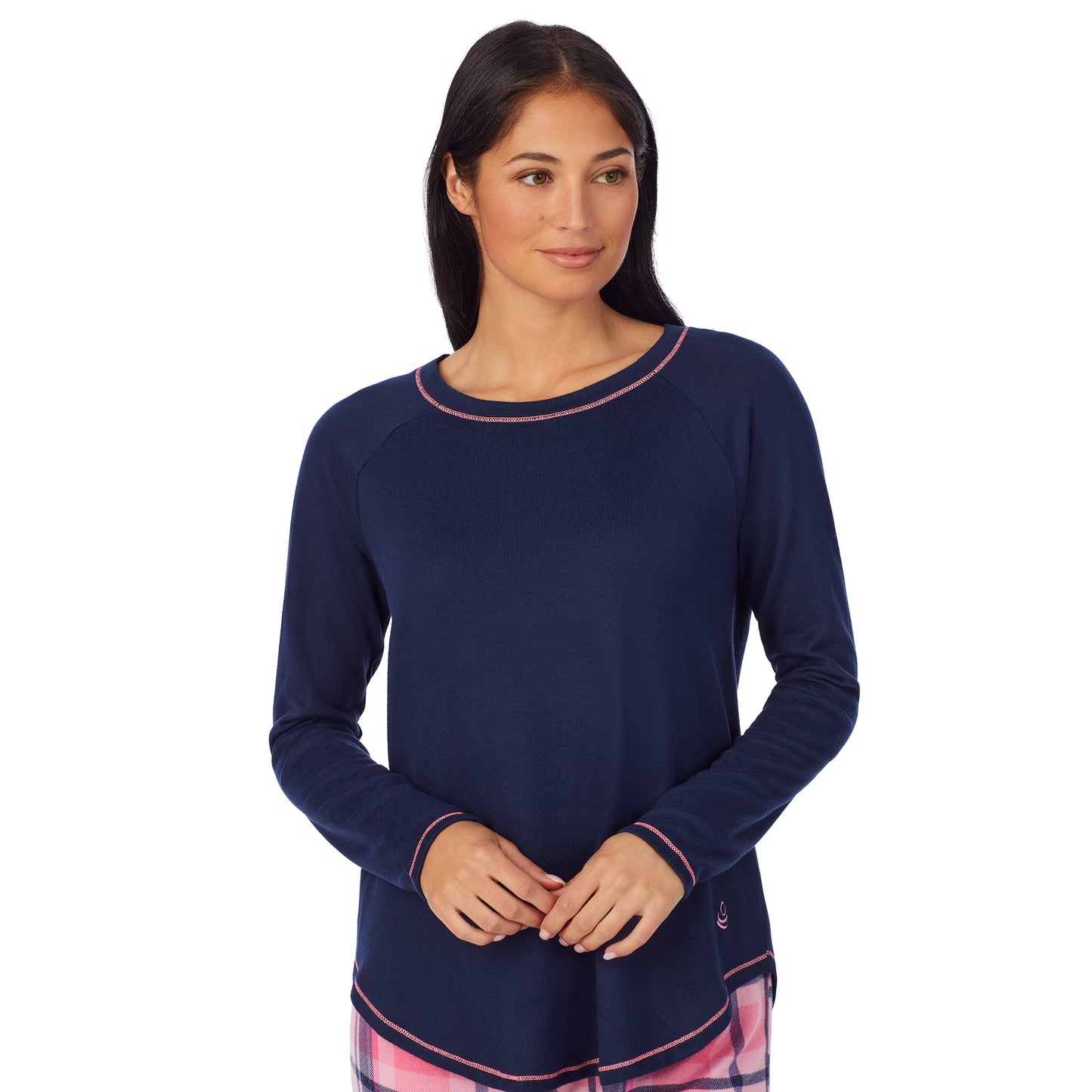 Pink Plaid;Model is wearing size S. She is 5'8.5", Bust 32", Waist 25", Hips 36". @A lady wearing Brushed Sweater Knit Long Sleeve Pajama Set with pink plaid bottom 