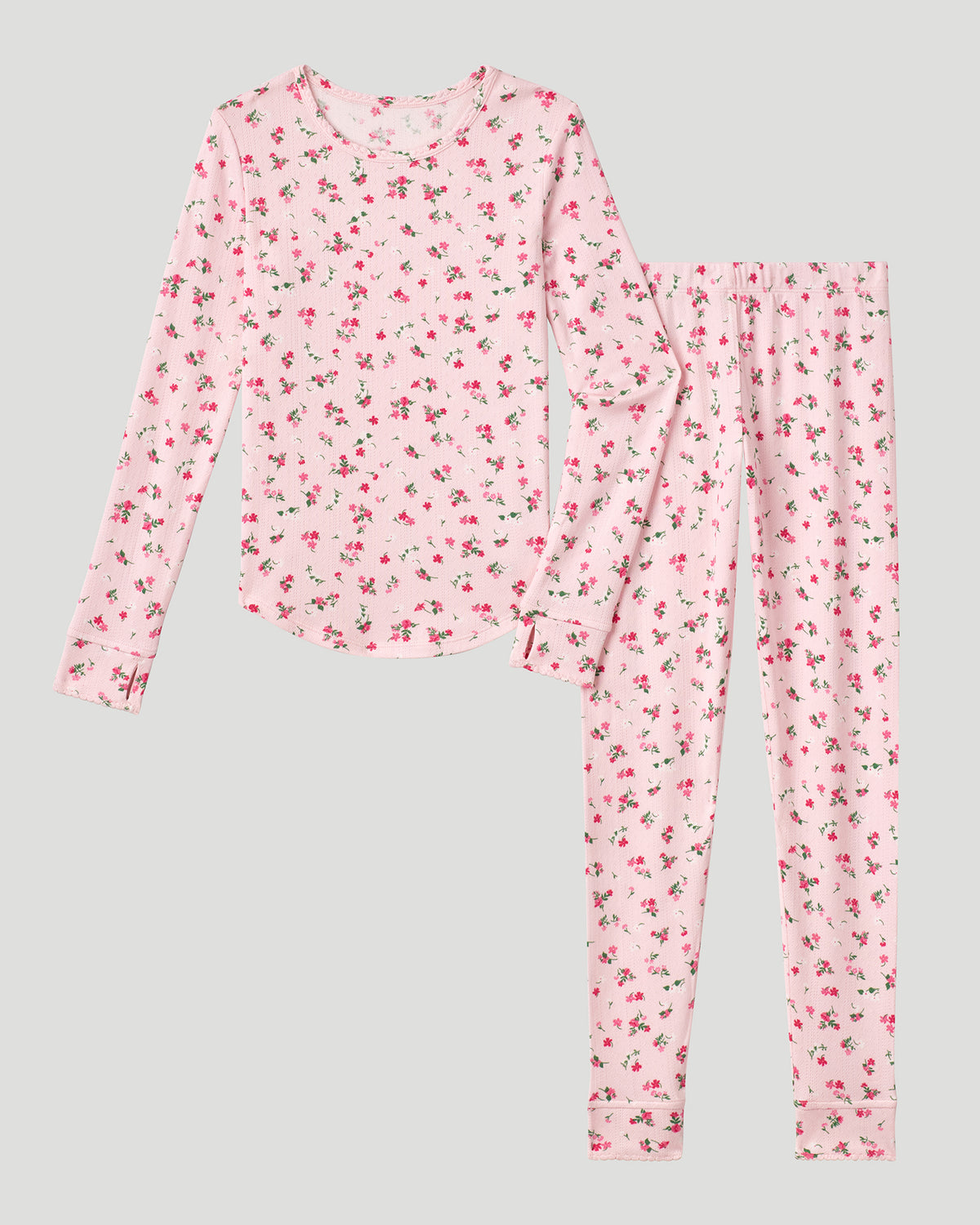  A Pink Ditsy Floral Girls Pointelle Knit 2 pc. Long Sleeve Crew &amp; Pant Set