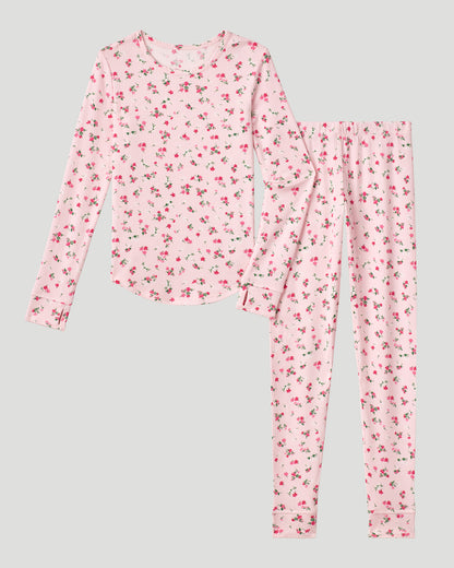  A Pink Ditsy Floral Girls Pointelle Knit 2 pc. Long Sleeve Crew &amp; Pant Set