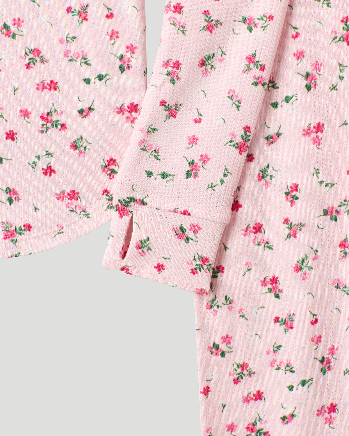 Pink Ditsy Floral; @ A Pink Ditsy Floral Girls Pointelle Knit 2 pc. Long Sleeve Crew & Pant Set featured in a detail close up shot