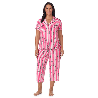 A lady wearing Cotton Rich Short Sleeve Notch Collar Top with Cropped Pant Pajama Set PLUS