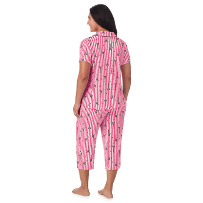 A lady wearing Cotton Rich Short Sleeve Notch Collar Top with Cropped Pant Pajama Set PLUS