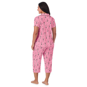 A lady wearing Cotton Rich Short Sleeve Notch Collar Top with Cropped Pant Pajama Set PLUS