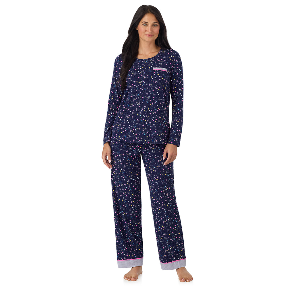 A lady wearing Cotton-Blend Long Sleeve Top and Long Pant Pajama Set in Navy Star Print looking front