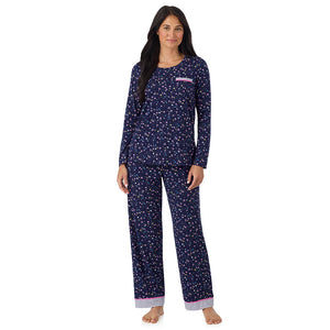 A lady wearing Cotton-Blend Long Sleeve Top and Long Pant Pajama Set in Navy Star Print looking front