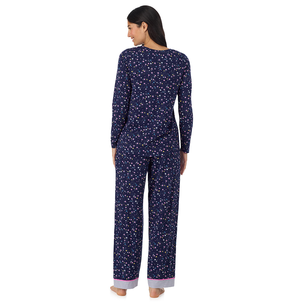 A lady wearing Cotton-Blend Long Sleeve Top and Long Pant Pajama Set in Navy Star Print back view