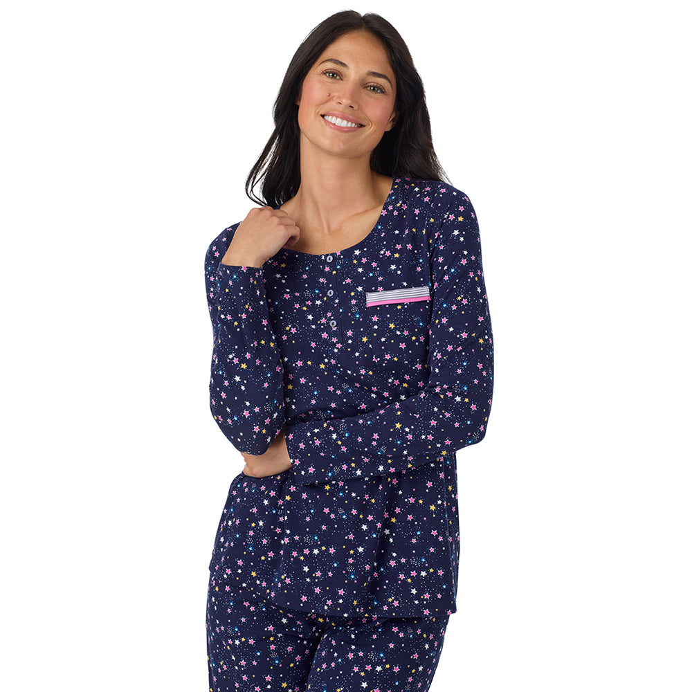 A lady wearing Cotton-Blend Long Sleeve Top and Long Pant Pajama Set in Navy Star Print closer look