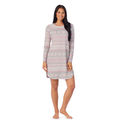 Grey Pink Fairisle;Model is wearing size S. She is 5'8.5", Bust 32", Waist 25", Hips 36" @A lady wearing Brushed Sweater Knit Long Sleeve Sleepshirt