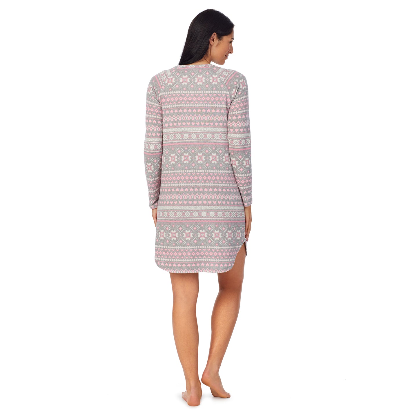 Grey Pink Fairisle;Model is wearing size S. She is 5'8.5", Bust 32", Waist 25", Hips 36" @A lady wearing Brushed Sweater Knit Long Sleeve Sleepshirt