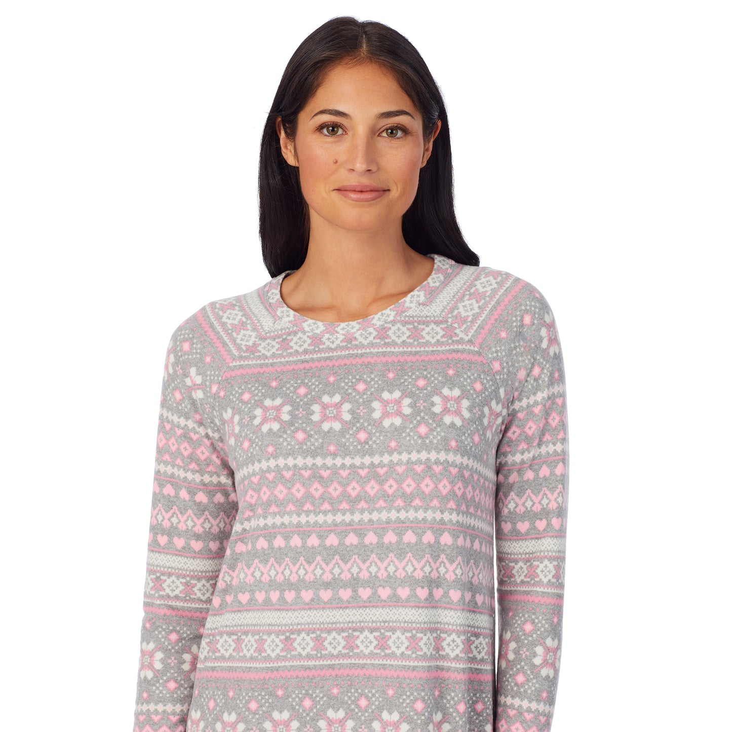 Grey Pink Fairisle;Model is wearing size S. She is 5'8.5", Bust 32", Waist 25", Hips 36" @A lady wearing Brushed Sweater Knit Long Sleeve Sleepshirt