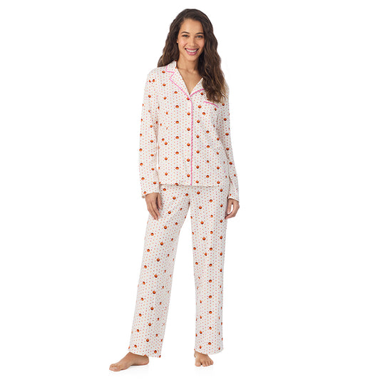 A lady wearing Pumpkin Cotton-Blend Long Sleeve Notch Collar 2-Pc Pajama Set