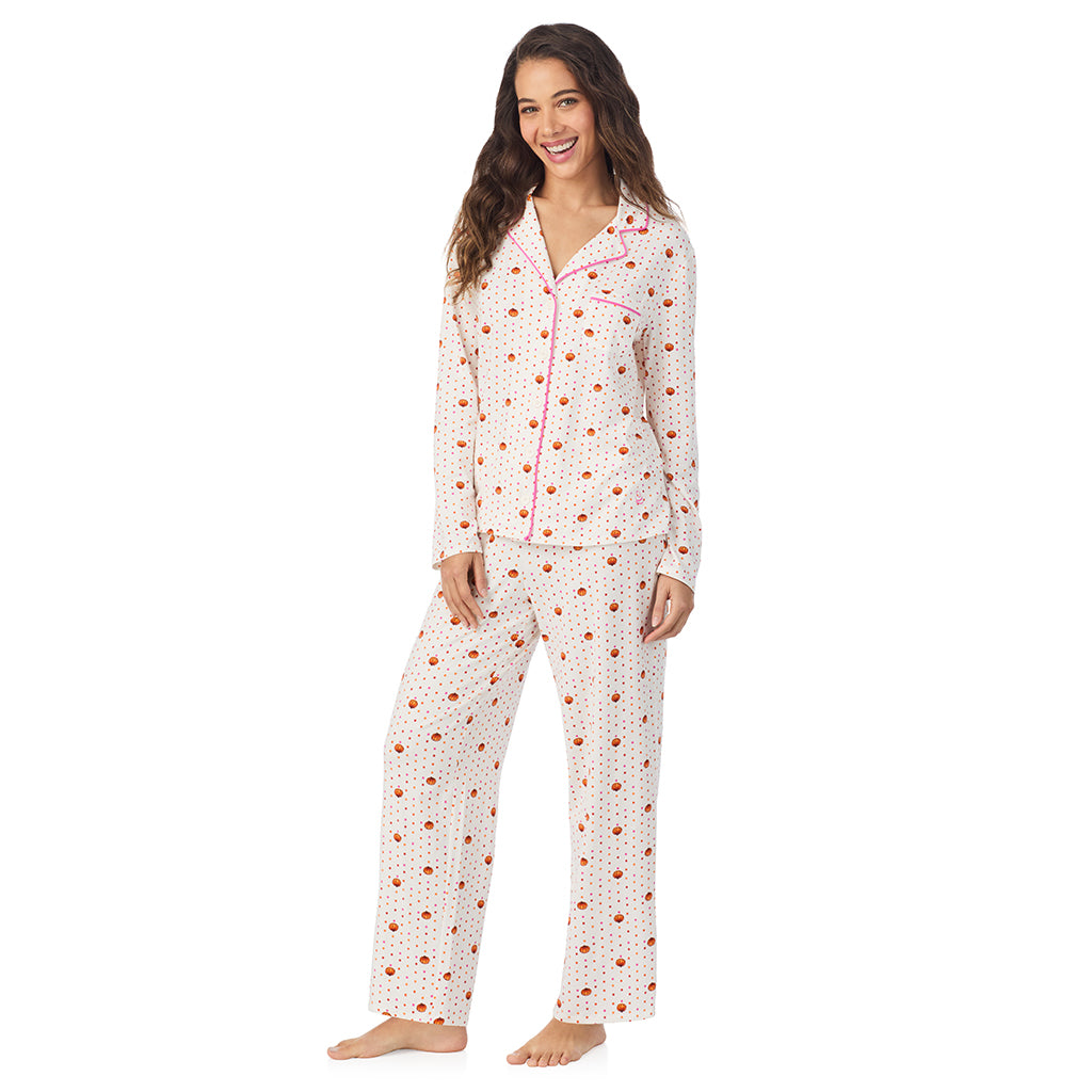 A lady wearing Pumpkin Cotton-Blend Long Sleeve Notch Collar 2-Pc Pajama Set