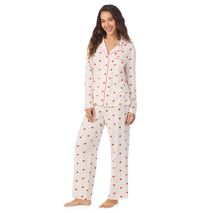 Pumpkin;Model is wearing size S. She is 5’9”, Bust 34”, Waist 23”, Hips 35”.@A lady wearing Pumpkin Cotton-Blend Long Sleeve Notch Collar 2-Pc Pajama Set