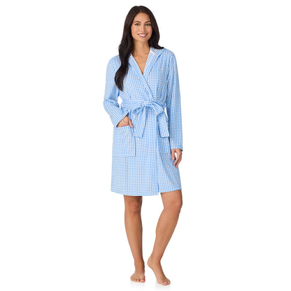 A lady wearing Vintage Terry Wrap Robe with Hood in Gingham