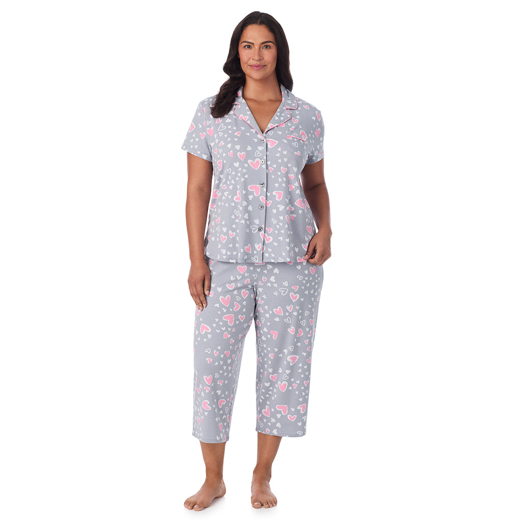 Grey Heart;Model is wearing size 1X. She is 5'10", Bust 40", Waist 33", Hips 47".@A lady wearing Cotton Rich Short Sleeve Notch Collar Top with Cropped Pant Pajama Set PLUS