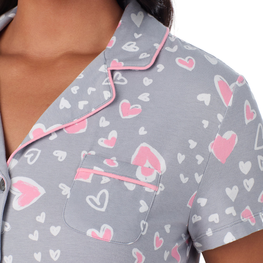 A lady wearing Cotton Rich Short Sleeve Notch Collar Top with Cropped Pant Pajama Set PLUS