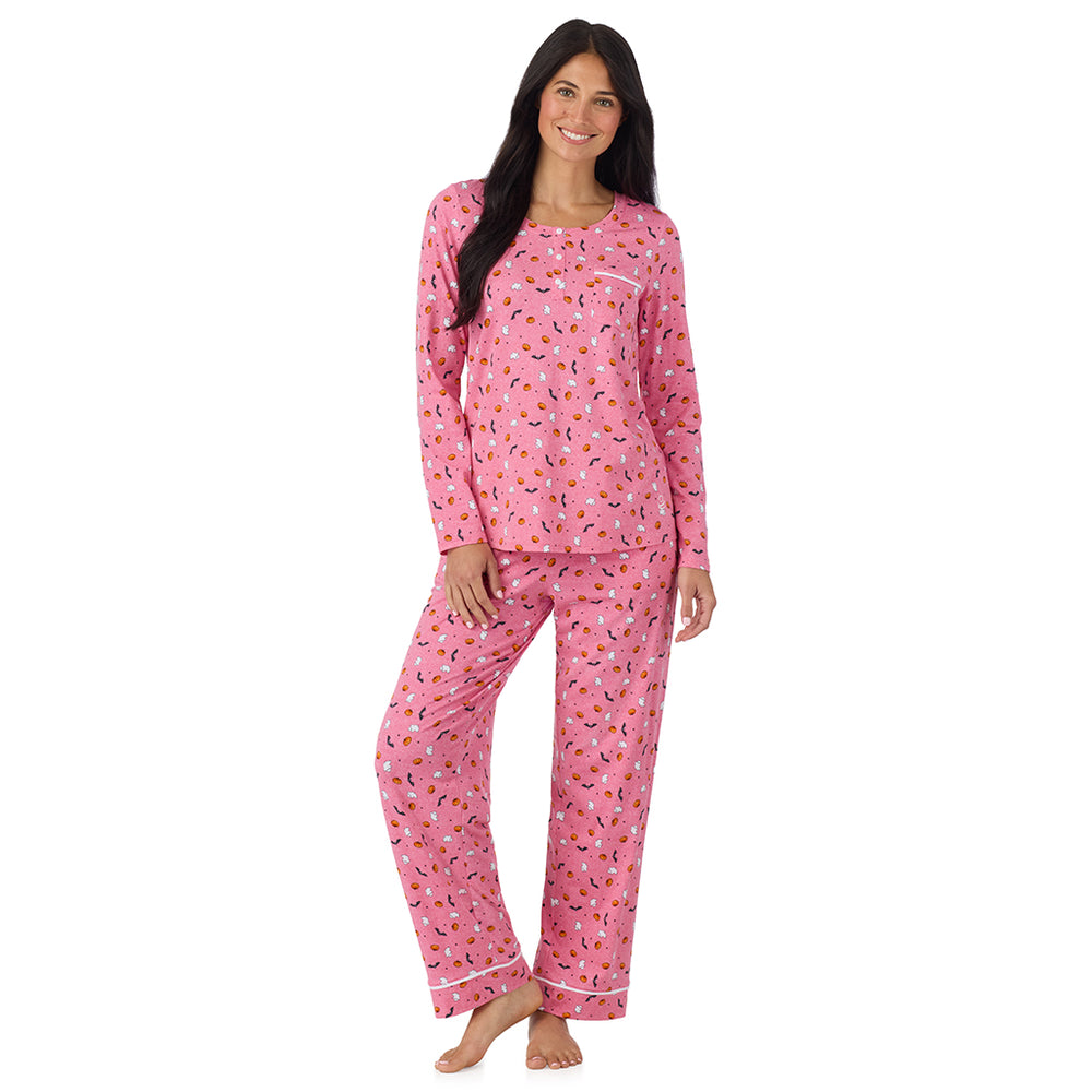 A lady wearing Cotton-Blend Long Sleeve Top and Long Pant Pajama Set in Pink Halloween looking front
