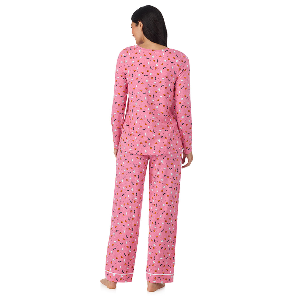 A lady wearing Cotton-Blend Long Sleeve Top and Long Pant Pajama Set in Pink Halloween back view