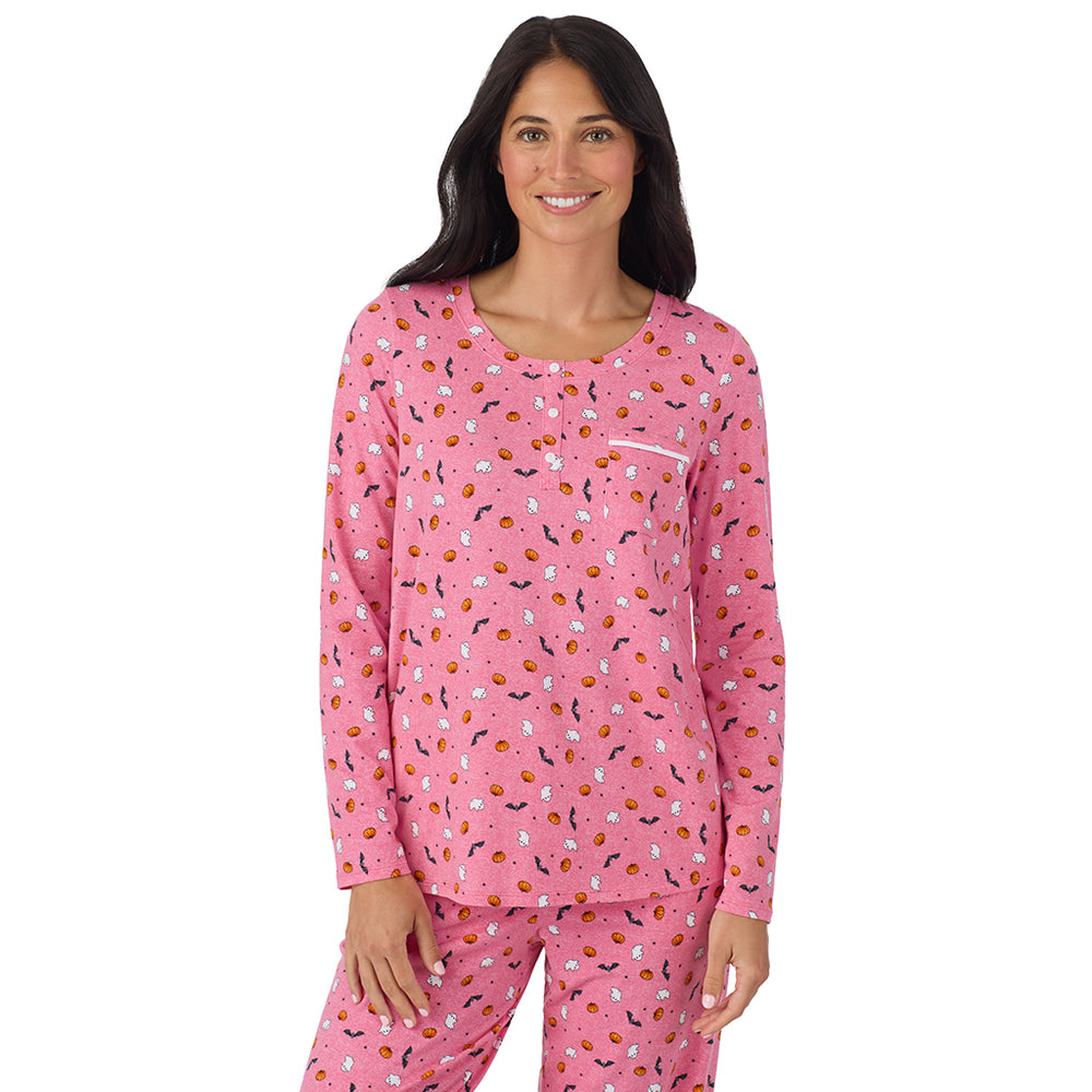 A lady wearing Cotton-Blend Long Sleeve Top and Long Pant Pajama Set in Pink Halloween closer look