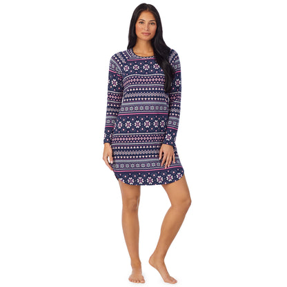 Navy Pink Fairisle; Model is wearing size S. She is 5'8.5", Bust 32", Waist 25", Hips 36" @A lady wearing Brushed Sweater Knit Long Sleeve Sleepshirt