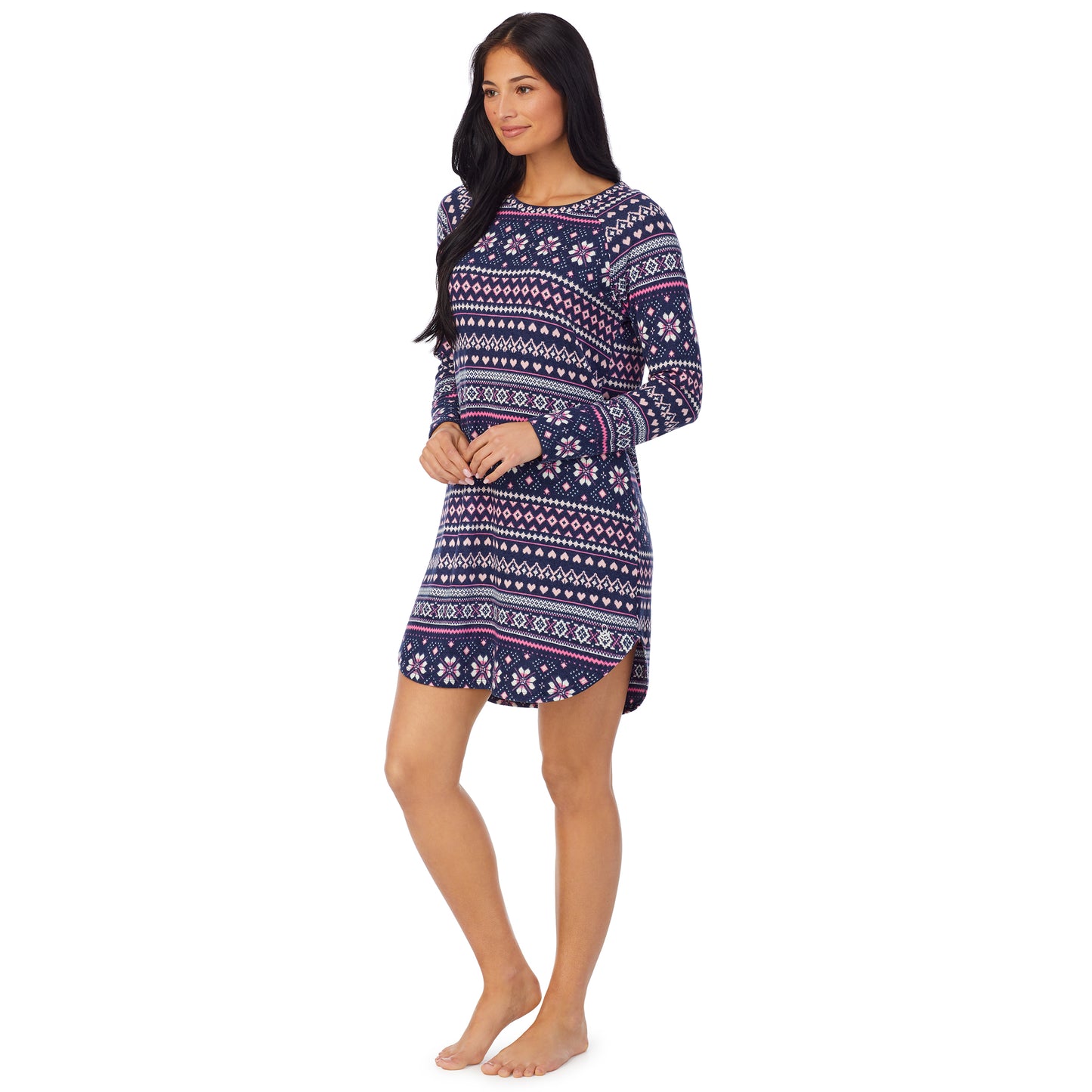 Navy Pink Fairisle; Model is wearing size S. She is 5'8.5", Bust 32", Waist 25", Hips 36" @A lady wearing Brushed Sweater Knit Long Sleeve Sleepshirt