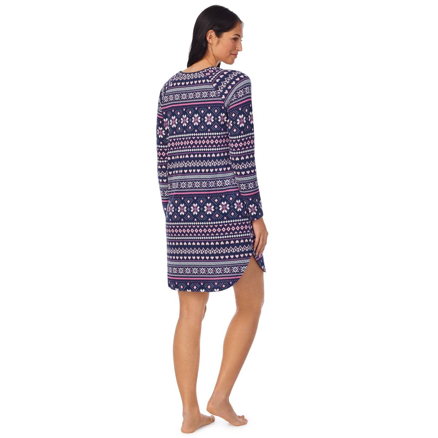 Navy Pink Fairisle; Model is wearing size S. She is 5'8.5", Bust 32", Waist 25", Hips 36" @A lady wearing Brushed Sweater Knit Long Sleeve Sleepshirt