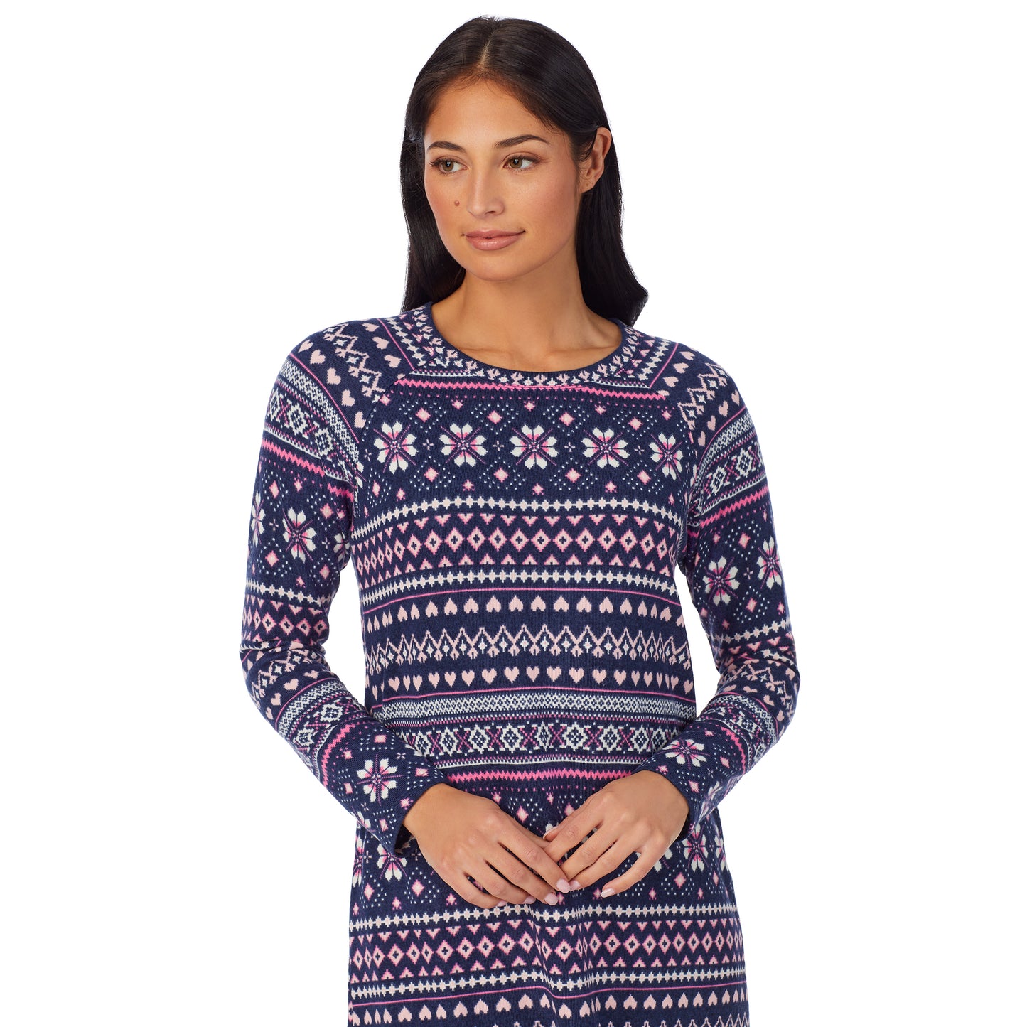 Navy Pink Fairisle; Model is wearing size S. She is 5'8.5", Bust 32", Waist 25", Hips 36" @A lady wearing Brushed Sweater Knit Long Sleeve Sleepshirt