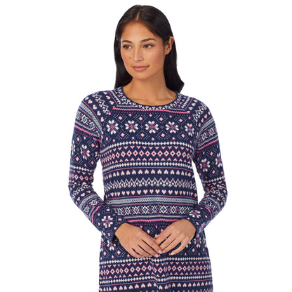 Navy Pink Fairisle; Model is wearing size S. She is 5'8.5", Bust 32", Waist 25", Hips 36" @A lady wearing Brushed Sweater Knit Long Sleeve Sleepshirt