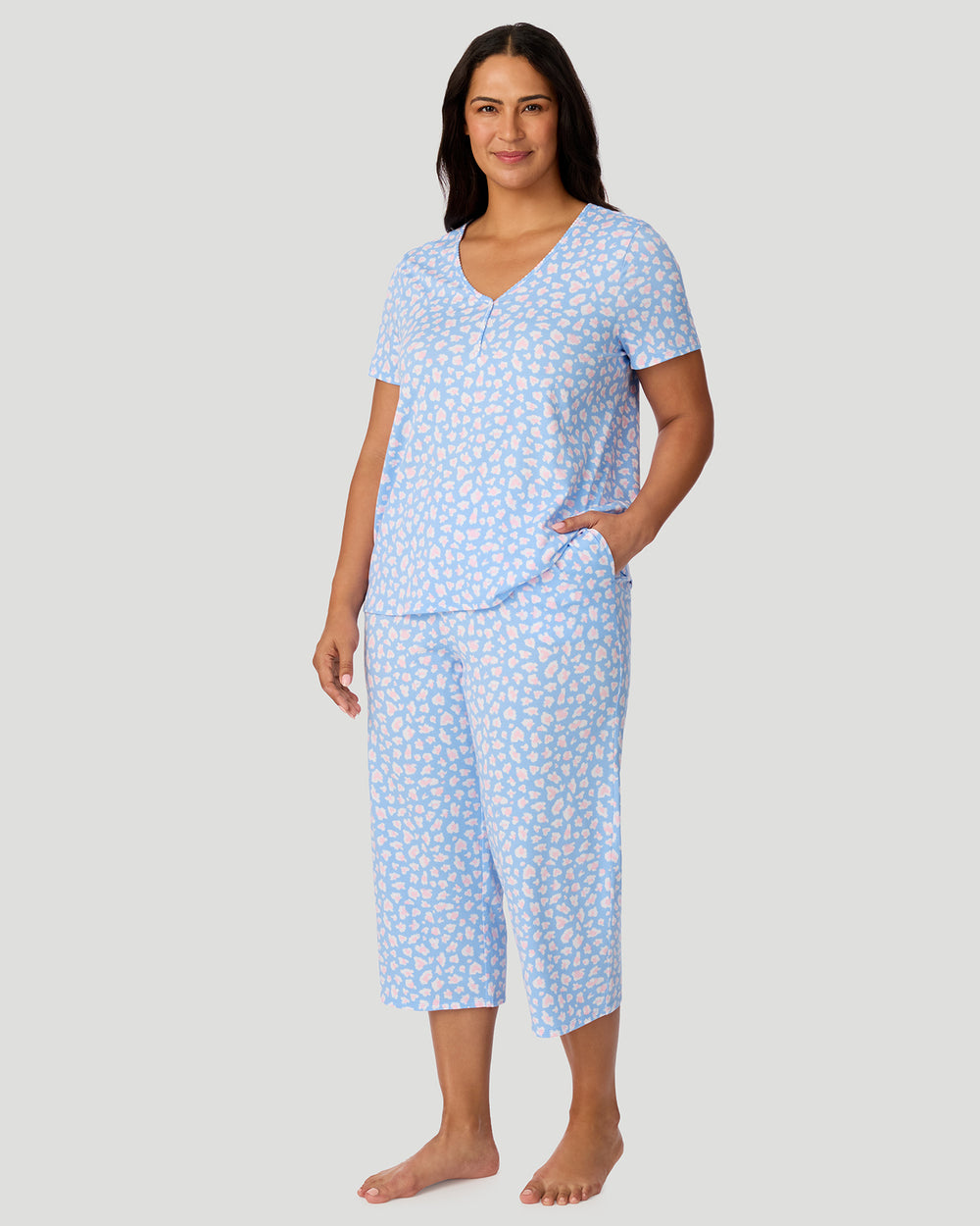 Cotton-Blend Short Sleeve Top With Cropped Pant Pajama Set PLUS