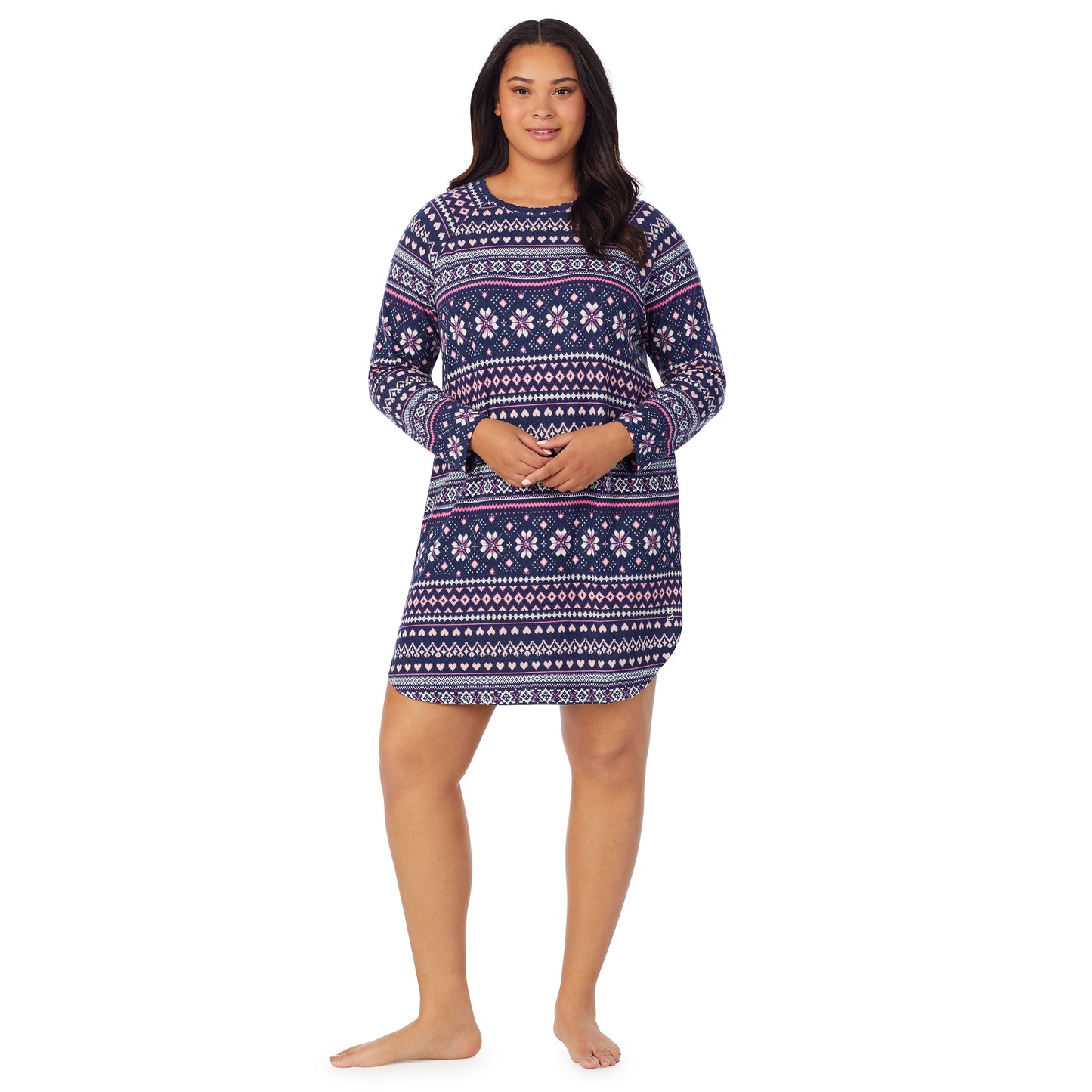 Navy Pink Fairisle;Model is wearing size 1X. She is 5'10", Bust 40", Waist 33", Hips 47"@A lady wearing navy pink fairisle long sleeve brushed sweater knit plus sleepshirt.