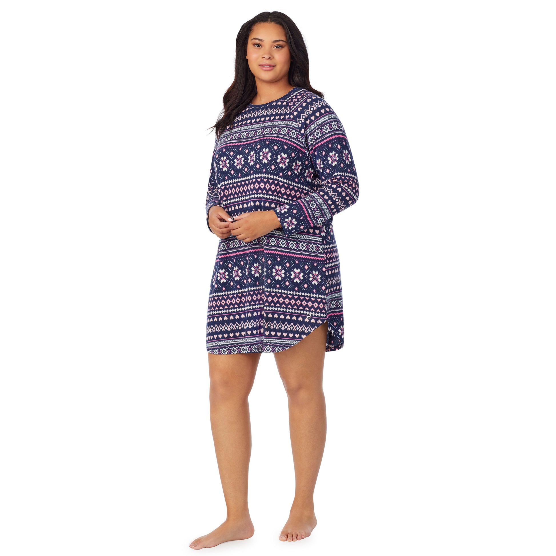 A lady wearing navy pink fairisle long sleeve brushed sweater knit plus sleepshirt.