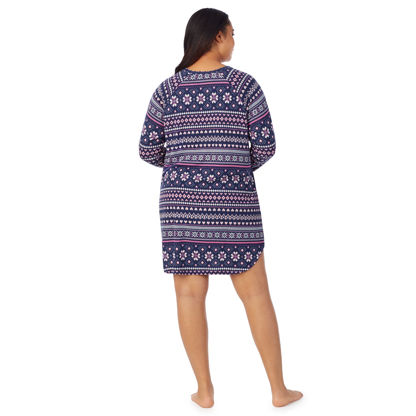 Navy Pink Fairisle;Model is wearing size 1X. She is 5'10", Bust 40", Waist 33", Hips 47"@A lady wearing navy pink fairisle long sleeve brushed sweater knit plus sleepshirt.