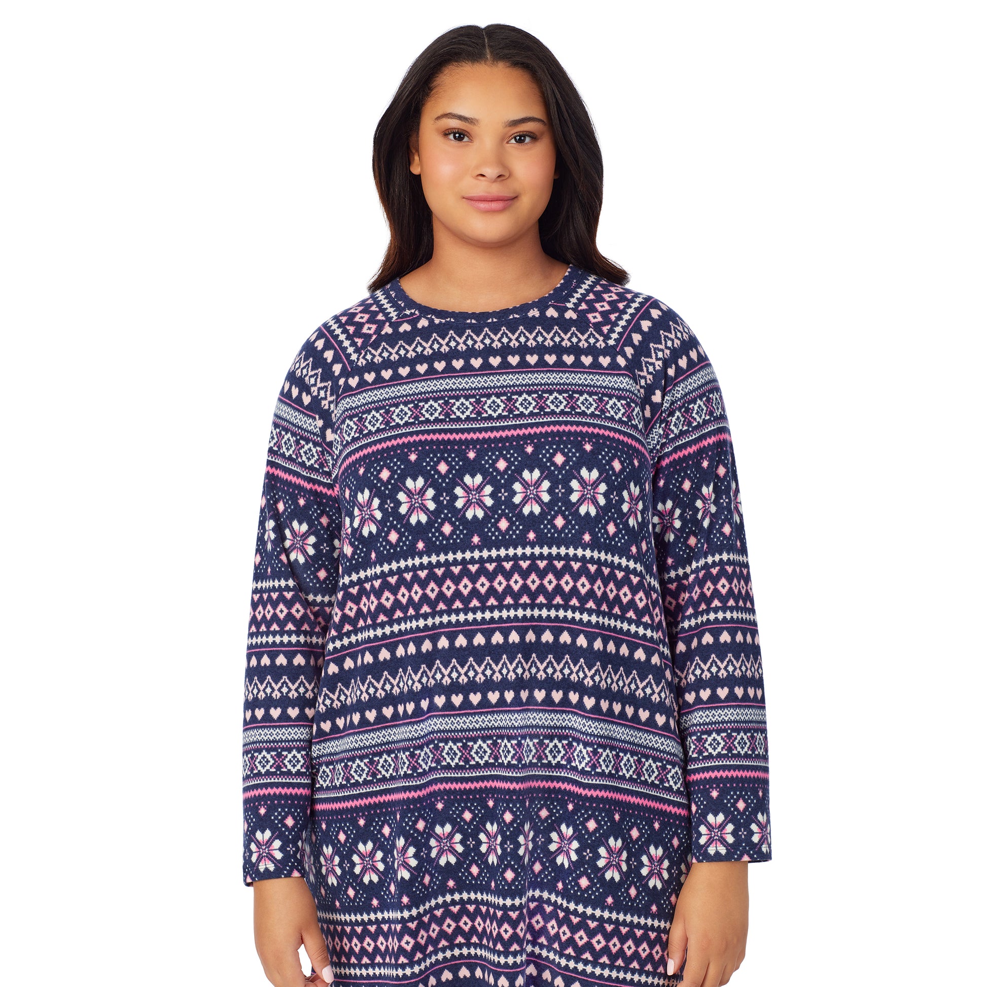 A lady wearing navy pink fairisle long sleeve brushed sweater knit plus sleepshirt.