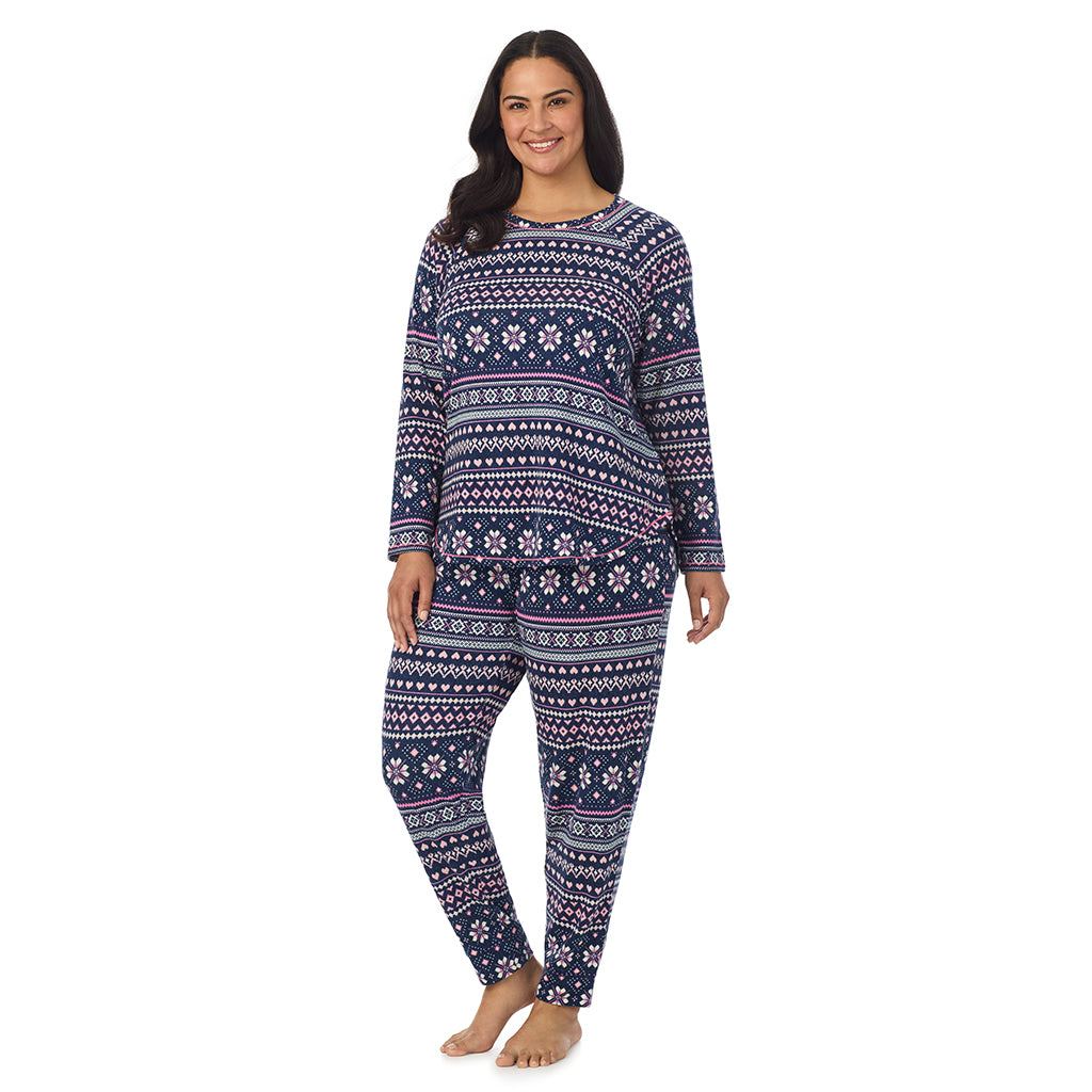 Navy Pink Fairisle;Model is wearing size 1X. She is 5'10", Bust 40", Waist 33", Hips 47".@A lady wearing Navy Pink Fairisle Brushed Sweater Knit Long Sleeve Pajama Set PLUS