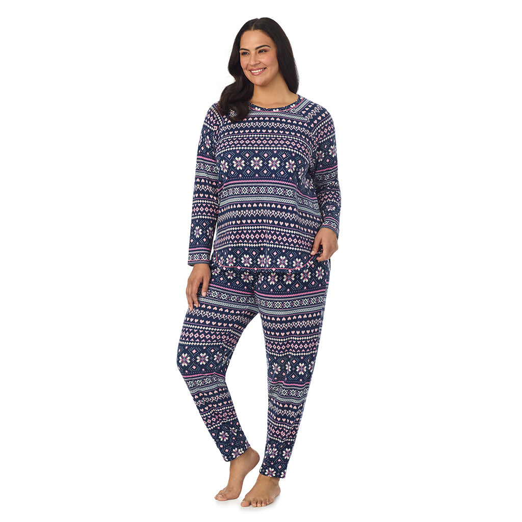 Navy Pink Fairisle;Model is wearing size 1X. She is 5'10", Bust 40", Waist 33", Hips 47".@A lady wearing Navy Pink Fairisle Brushed Sweater Knit Long Sleeve Pajama Set PLUS