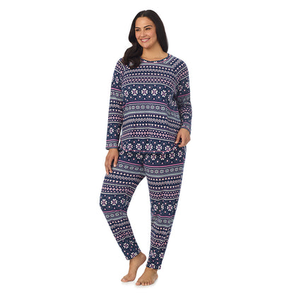 Navy Pink Fairisle;Model is wearing size 1X. She is 5'10", Bust 40", Waist 33", Hips 47".@A lady wearing Navy Pink Fairisle Brushed Sweater Knit Long Sleeve Pajama Set PLUS