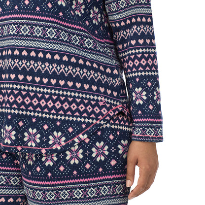 Navy Pink Fairisle;Model is wearing size 1X. She is 5'10", Bust 40", Waist 33", Hips 47".@A lady wearing Navy Pink Fairisle Brushed Sweater Knit Long Sleeve Pajama Set PLUS