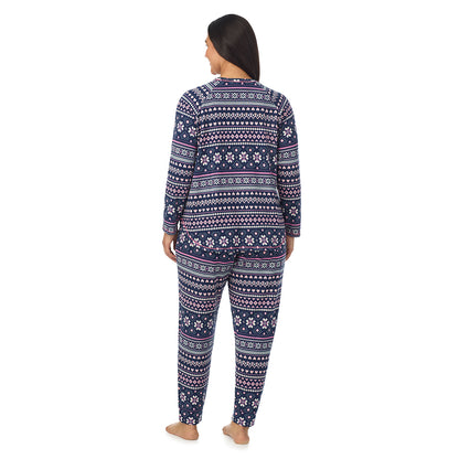 Navy Pink Fairisle;Model is wearing size 1X. She is 5'10", Bust 40", Waist 33", Hips 47".@A lady wearing Navy Pink Fairisle Brushed Sweater Knit Long Sleeve Pajama Set PLUS