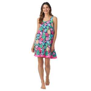  A lady wearing Cotton-Blend Sleeveless Sleep Chemise in Tropical Navy posing front view pose