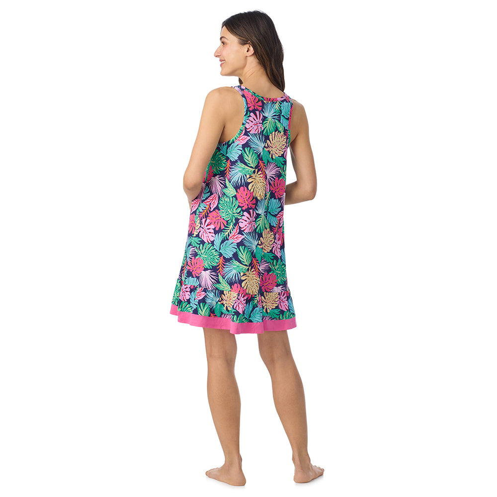 A lady wearing Cotton-Blend Sleeveless Sleep Chemise in Tropical Navy posing back view pose