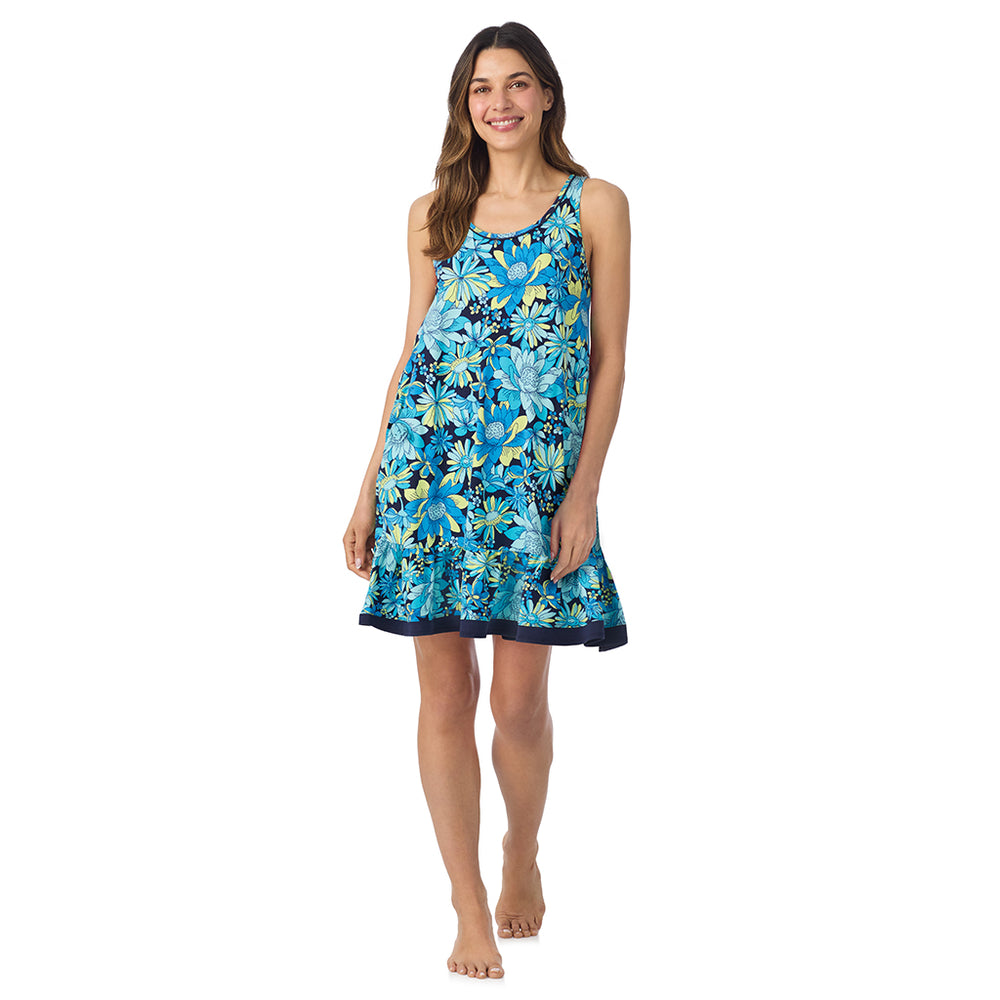 A lady wearing Cotton-Blend Sleeveless Sleep Chemise in Blue Floral posing front view pose