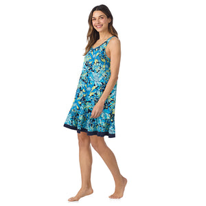  A lady wearing Cotton-Blend Sleeveless Sleep Chemise in Blue Floral posing side angle view pose