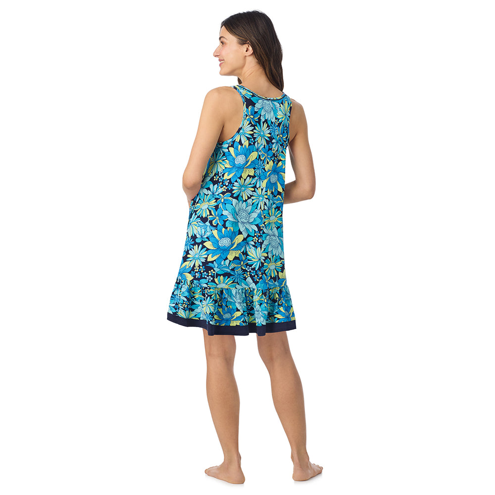 A lady wearing Cotton-Blend Sleeveless Sleep Chemise in Blue Floral posing back view pose