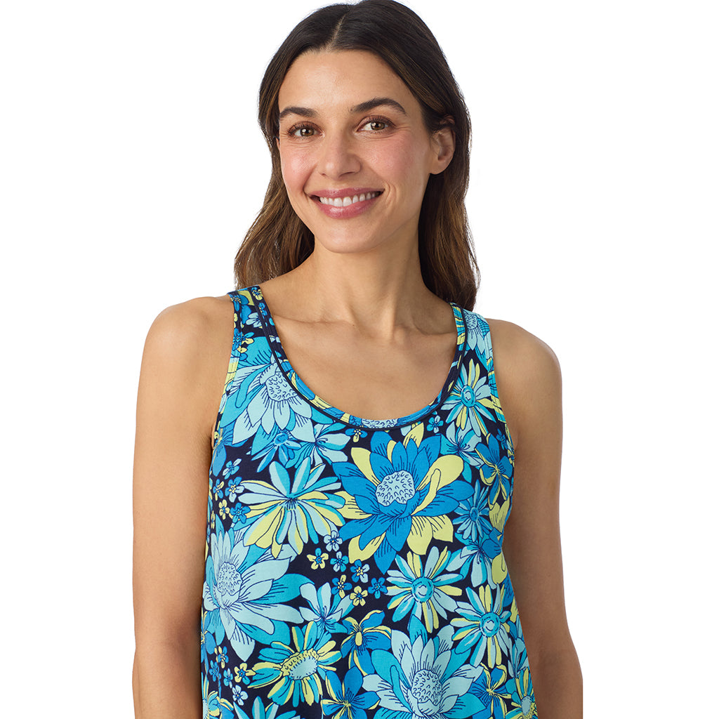  A lady wearing Cotton-Blend Sleeveless Sleep Chemise in Blue Floral posing close up view pose