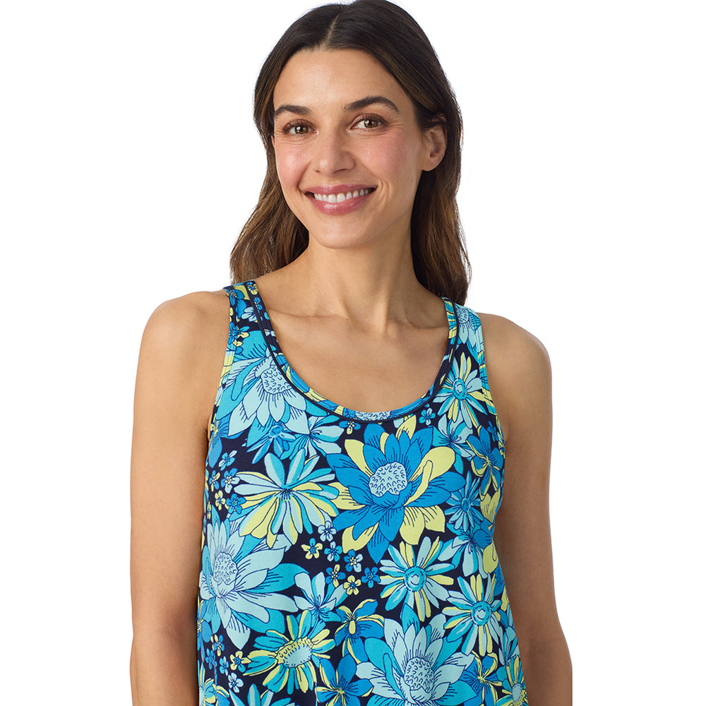 A lady wearing Cotton-Blend Sleeveless Sleep Chemise in Blue Floral posing close up view pose