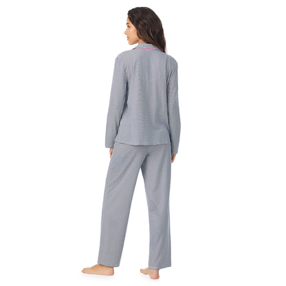 Navy Stripe;Model is wearing size S. She is 5’9”, Bust 34”, Waist 23”, Hips 35”.@A lady wearing Navy Stripe Cotton-Blend Long Sleeve Notch Collar 2-Pc Pajama Set